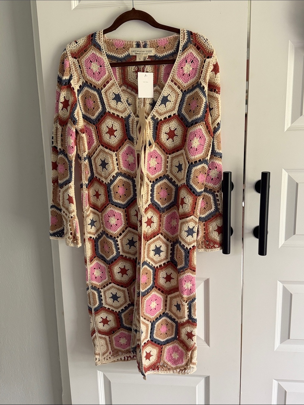 Anthro saltwater LUXE Crochet BOHO Chic Long‎ Cardigan — Pink, Cream, Navy, Rust